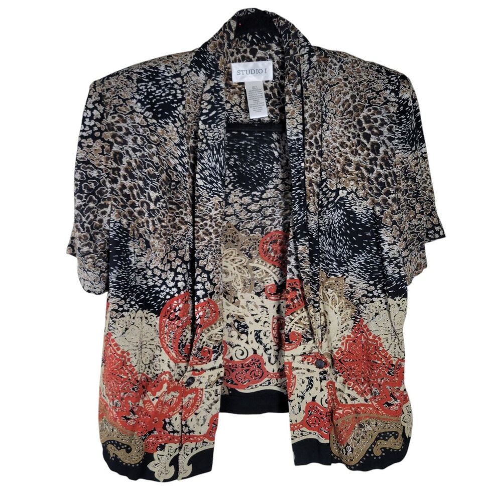 Studio I Womens Sz 14 Black Brown Animal Print Short Sleeve Cardigan Jacket